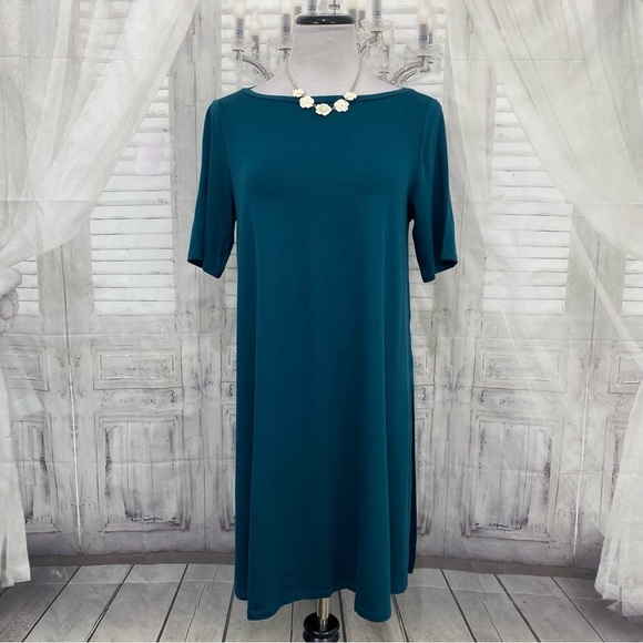 NEW Eileen Fisher Size Small Short-Sleeve Blue Green Agean Boat Neck Long Tunic - Picture 1 of 11